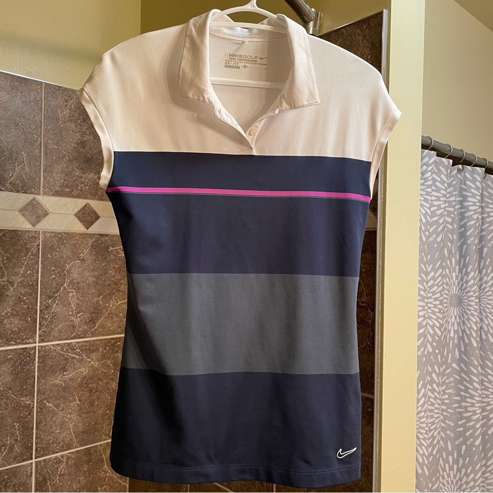 Nike Golf Tour Performance Dri-Fit blue and white striped top cap sleeves